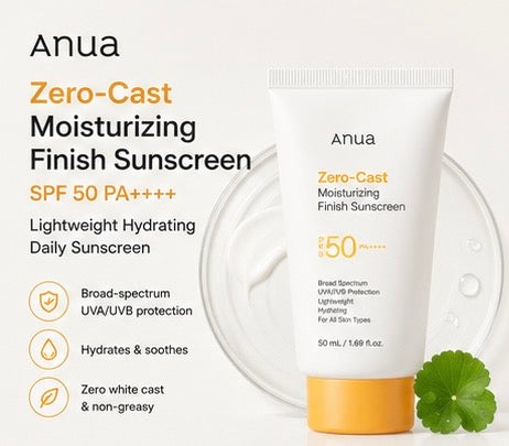 Anua Zero-Cast Moisturizing Finish Sunscreen SPF 50 50ml | Lightweight Hydrating Daily Sunscreen