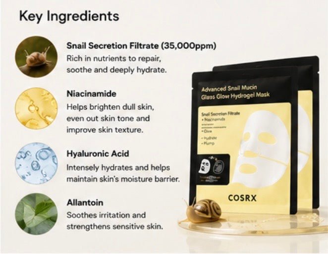 COSRX Advanced Snail Mucin Glass Glow Hydrogel Mask packaging shown next to a key ingredients list on a light beige background. The product packaging is black and pale yellow, and the ingredients include Snail Secretion Filtrate, Niacinamide, Hyaluronic Acid, and Allantoin.
