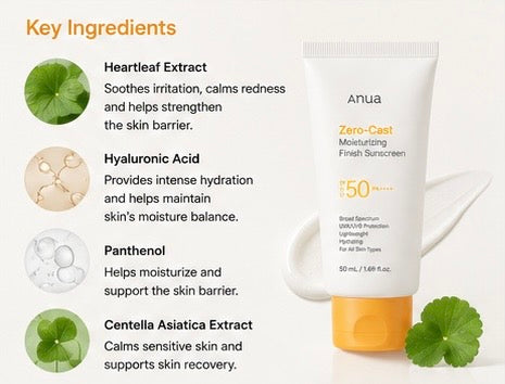 Anua Zero-Cast Moisturizing Finish Sunscreen SPF 50 50ml | Lightweight Hydrating Daily Sunscreen