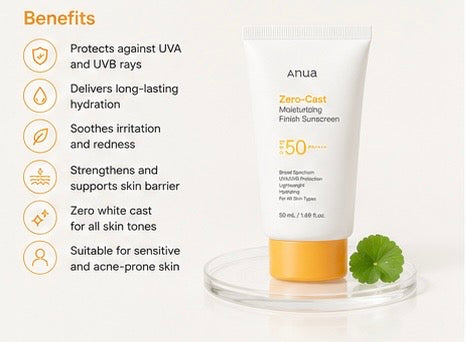 Anua Zero-Cast Moisturizing Finish Sunscreen SPF 50 50ml | Lightweight Hydrating Daily Sunscreen