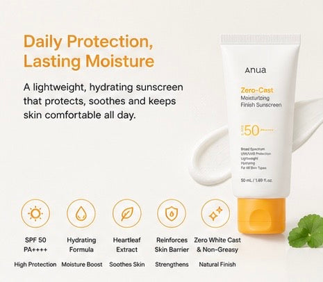 Anua Zero-Cast Moisturizing Finish Sunscreen SPF 50 50ml | Lightweight Hydrating Daily Sunscreen