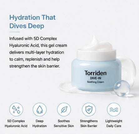 Torriden DIVE-IN Low Molecular Hyaluronic Acid Soothing Cream 100ml | Lightweight Hydrating Gel Cream