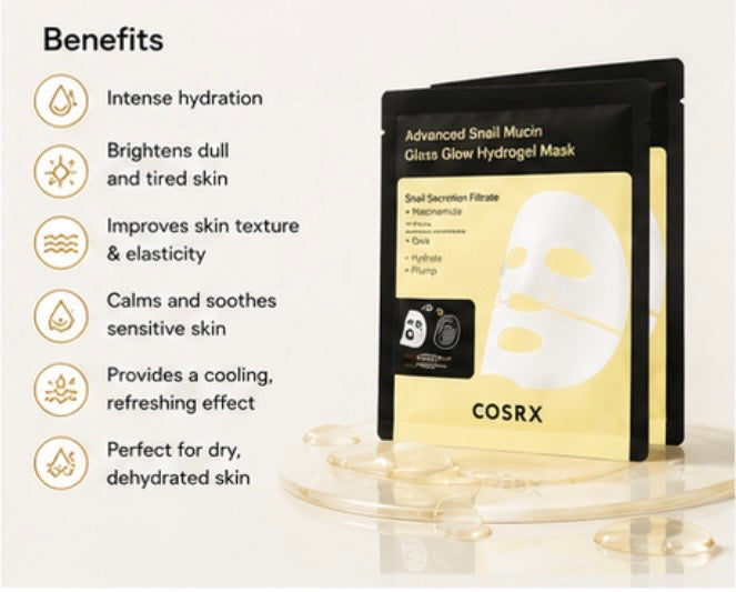 COSRX Advanced Snail Mucin Glass Glow Hydrogel Mask pouch shown on a light beige background with a benefits list on the left. The package is black with a pale yellow label and white mask illustration.