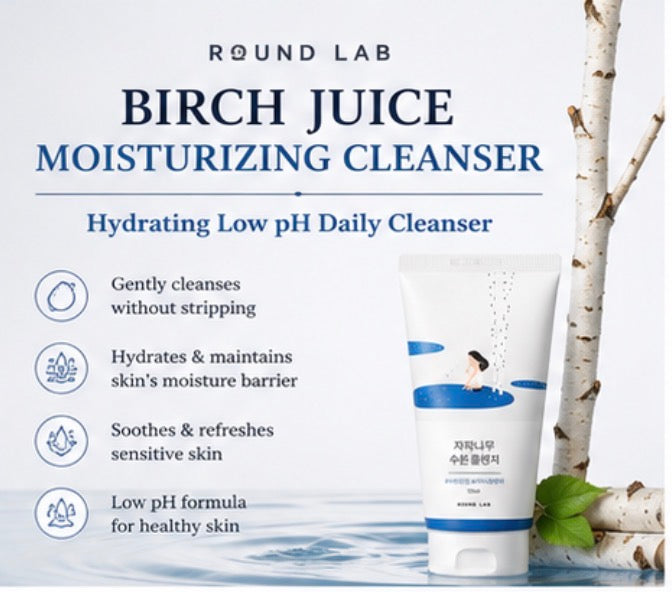 ROUND LAB Birch Juice Moisturizing Cleanser 150ml | Hydrating Low pH Daily Cleanser