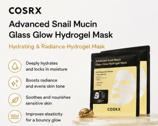 COSRX Advanced Snail Mucin Glass Glow Hydrogel Mask packaging shown on a light beige background with product benefits listed on the left and a small snail prop near the package.