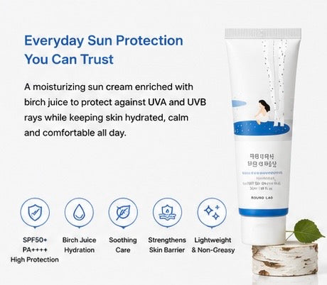 ROUND LAB Birch Juice Moisturizing Sun Cream SPF50+ PA++++ 50ml | Hydrating Daily Sunscreen