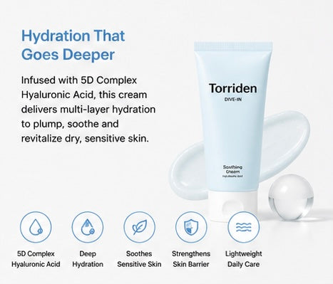 Torriden DIVE-IN Low Molecular Hyaluronic Acid Soothing Cream 100ml | Lightweight Hydrating Gel Cream