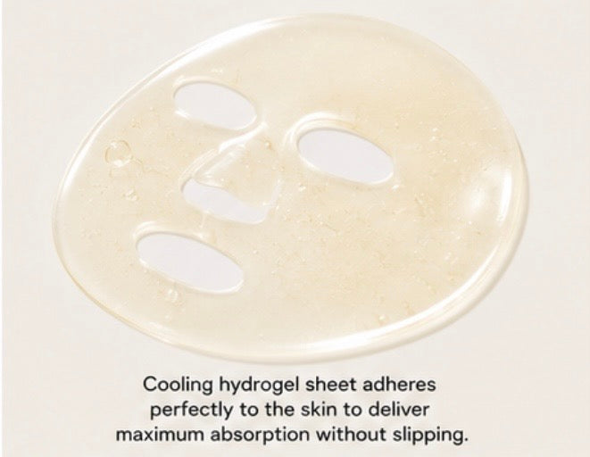A translucent cooling hydrogel sheet mask with cutouts for the eyes, nose, and mouth, shown on a light beige background with descriptive text below.