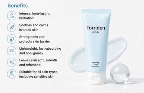 Torriden DIVE-IN Low Molecular Hyaluronic Acid Soothing Cream 100ml | Lightweight Hydrating Gel Cream